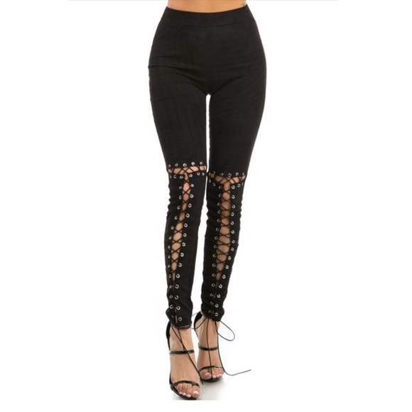 Vegan Suede High Waist Lace Up Leggings - Picture 2 of 8
